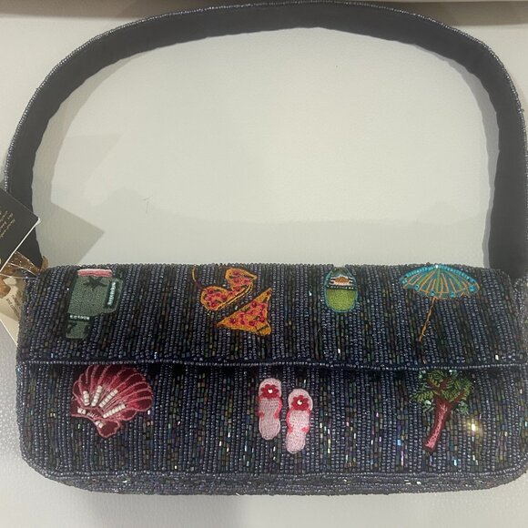 Handmade in India Beaded Bag Tropical Beach Bikini Flip Flops Palm Tress Shells - Picture 1 of 4